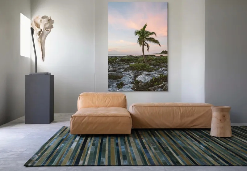 Tablou Canvas, "Singuraticul palmier pe țărm stâncos", Palmier, Apus, Cer, Ocean, Stânci, Vegetație, Tranquilitate, Romanticism, 100 x 150 cm – poza 7