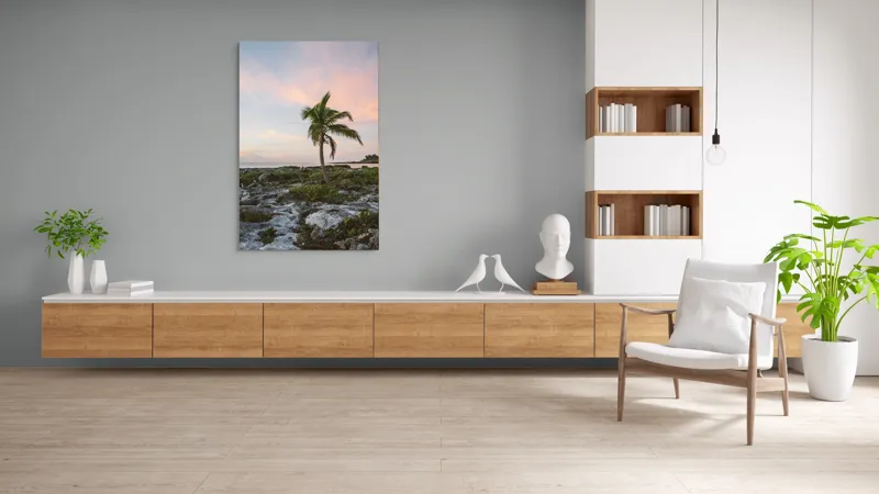 Tablou Canvas, "Singuraticul palmier pe țărm stâncos", Palmier, Apus, Cer, Ocean, Stânci, Vegetație, Tranquilitate, Romanticism, 100 x 150 cm – poza 8