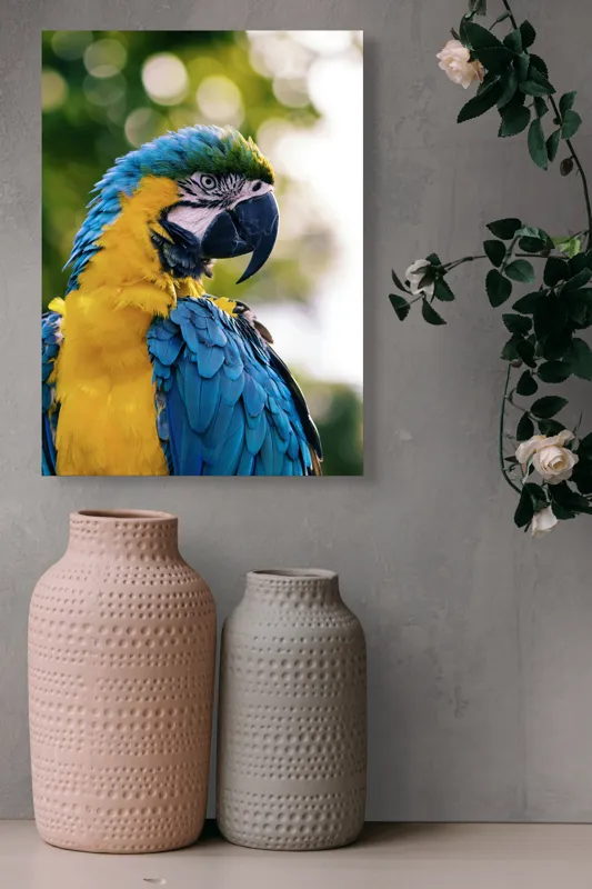Tablou Canvas, "Papagalul tropical în culori strălucitoare", Papagal, Colorat, Frumos, Pene, Exotice, Strălucitoare, Peisaj, Verde, Bokeh, Natură, 39 x 54 cm – poza 6
