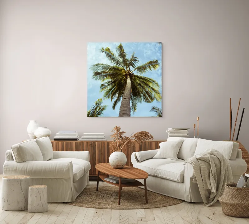 Tablou Canvas, "Povestea înaltului palmier tropical", Palmier, Cer, Frunze, Vară, Zare, Tropice, Verde, Albastru, 100 x 100 cm – poza 3