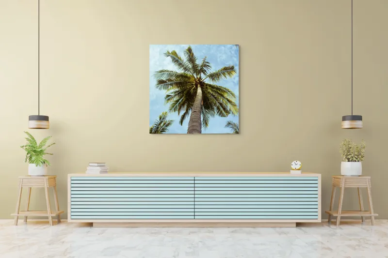 Tablou Canvas, "Povestea înaltului palmier tropical", Palmier, Cer, Frunze, Vară, Zare, Tropice, Verde, Albastru, 100 x 100 cm – poza 5