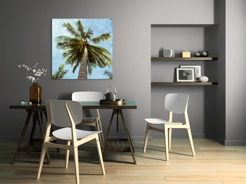 Tablou Canvas, "Povestea înaltului palmier tropical", Palmier, Cer, Frunze, Vară, Zare, Tropice, Verde, Albastru, 100 x 100 cm – poza 6