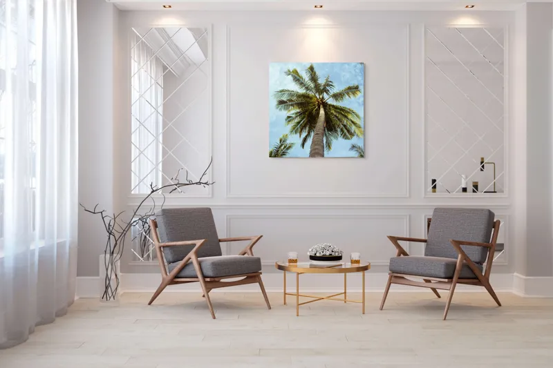 Tablou Canvas, "Povestea înaltului palmier tropical", Palmier, Cer, Frunze, Vară, Zare, Tropice, Verde, Albastru, 100 x 100 cm – poza 7