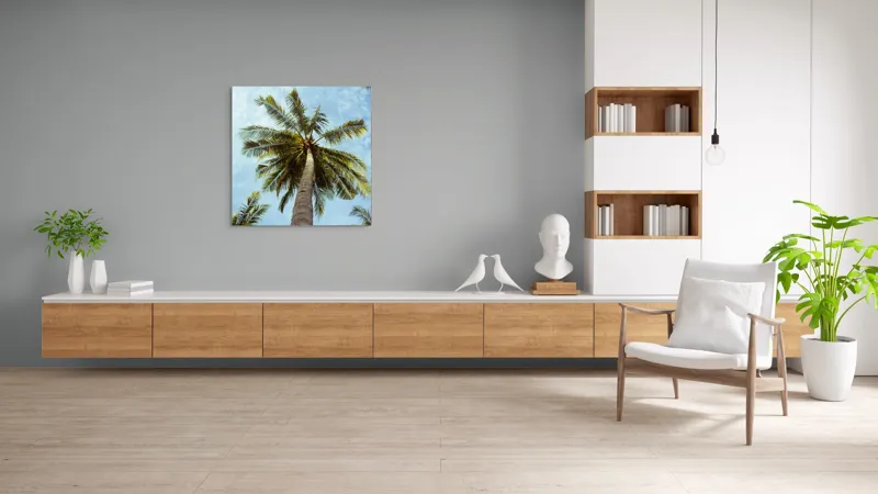 Tablou Canvas, "Povestea înaltului palmier tropical", Palmier, Cer, Frunze, Vară, Zare, Tropice, Verde, Albastru, 100 x 100 cm – poza 8