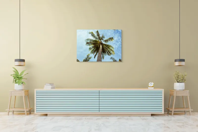 Tablou Canvas, "Povestea înaltului palmier tropical", Palmier, Cer, Frunze, Vară, Zare, Tropice, Verde, Albastru, 100 x 70 cm – poza 4