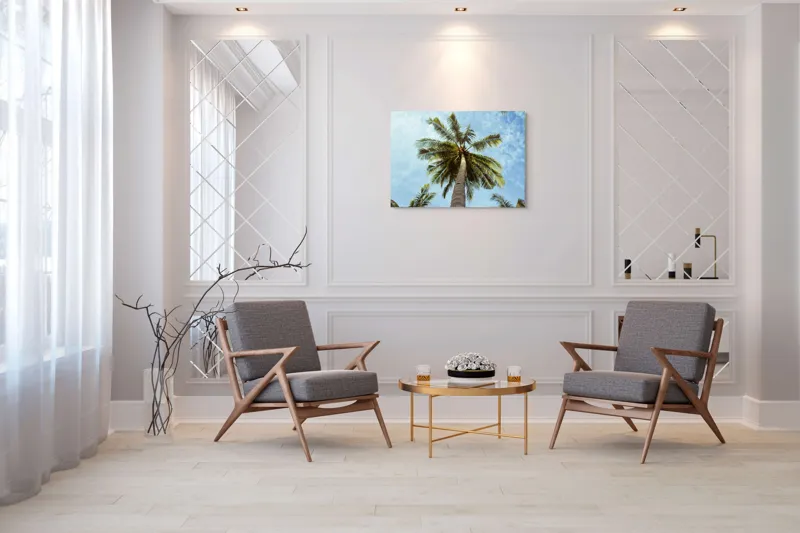 Tablou Canvas, "Povestea înaltului palmier tropical", Palmier, Cer, Frunze, Vară, Zare, Tropice, Verde, Albastru, 100 x 70 cm – poza 5