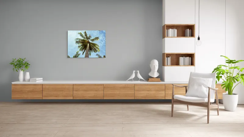 Tablou Canvas, "Povestea înaltului palmier tropical", Palmier, Cer, Frunze, Vară, Zare, Tropice, Verde, Albastru, 100 x 70 cm – poza 6