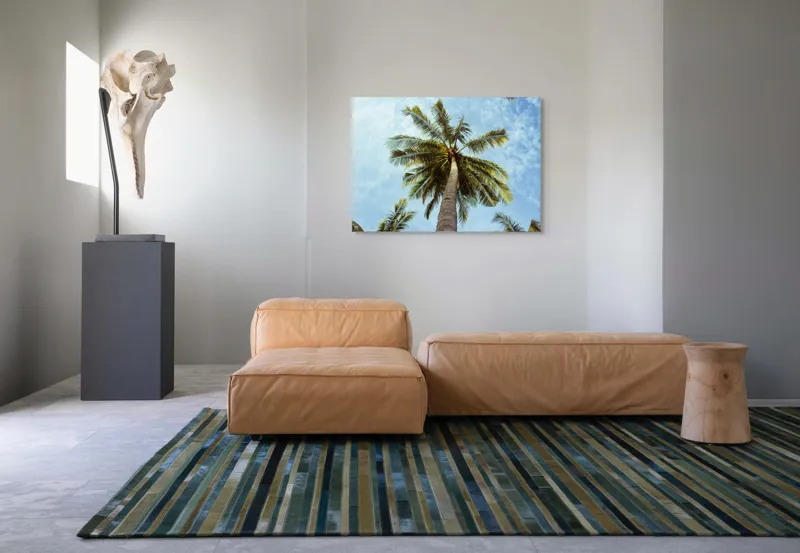 Tablou Canvas, "Povestea înaltului palmier tropical", Palmier, Cer, Frunze, Vară, Zare, Tropice, Verde, Albastru, 100 x 70 cm – poza 7