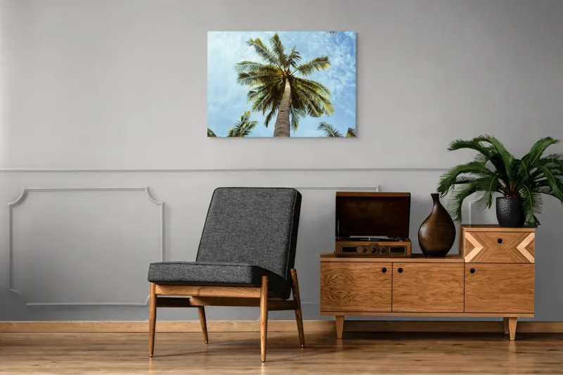 Tablou Canvas, "Povestea înaltului palmier tropical", Palmier, Cer, Frunze, Vară, Zare, Tropice, Verde, Albastru, 100 x 70 cm – poza 8