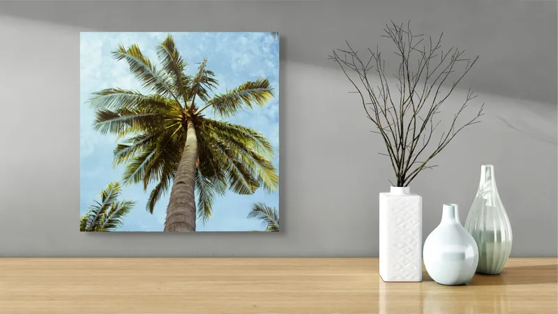 Tablou Canvas, "Povestea înaltului palmier tropical", Palmier, Cer, Frunze, Vară, Zare, Tropice, Verde, Albastru, 50 x 50 cm – poza 3