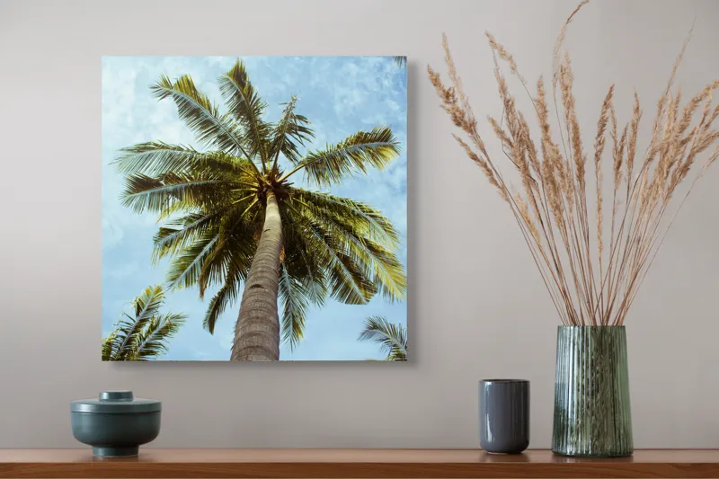 Tablou Canvas, "Povestea înaltului palmier tropical", Palmier, Cer, Frunze, Vară, Zare, Tropice, Verde, Albastru, 50 x 50 cm – poza 4