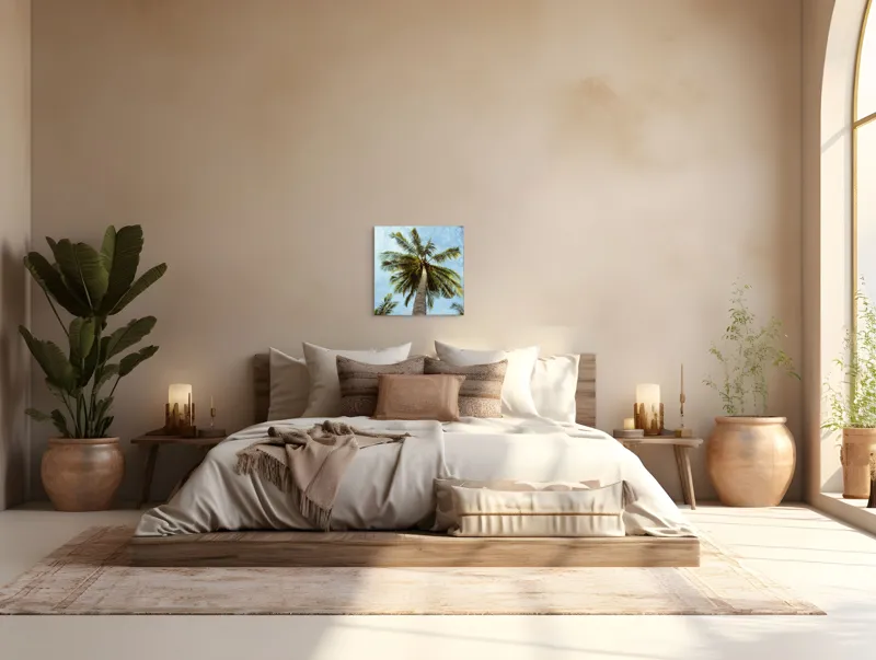 Tablou Canvas, "Povestea înaltului palmier tropical", Palmier, Cer, Frunze, Vară, Zare, Tropice, Verde, Albastru, 50 x 50 cm – poza 5