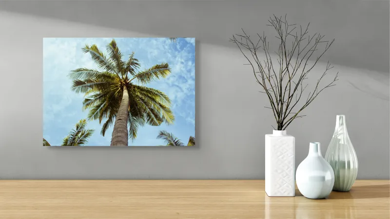 Tablou Canvas, "Povestea înaltului palmier tropical", Palmier, Cer, Frunze, Vară, Zare, Tropice, Verde, Albastru, 54 x 39 cm – poza 3