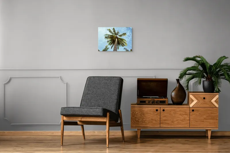 Tablou Canvas, "Povestea înaltului palmier tropical", Palmier, Cer, Frunze, Vară, Zare, Tropice, Verde, Albastru, 54 x 39 cm – poza 7