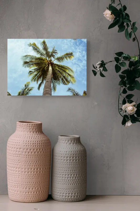 Tablou Canvas, "Povestea înaltului palmier tropical", Palmier, Cer, Frunze, Vară, Zare, Tropice, Verde, Albastru, 54 x 39 cm – poza 8