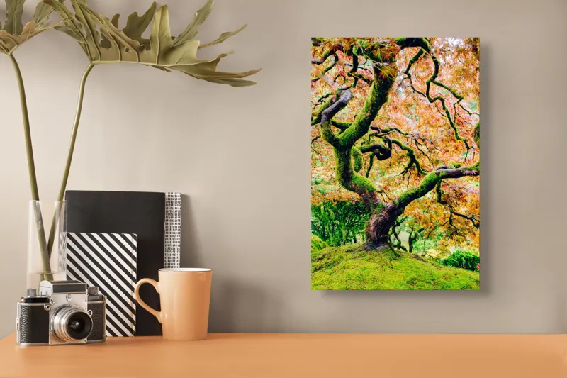 Tablou Canvas, "Cântecul toamnei în ramuri verzi", Frunziș, Ramuri, Răsucire, Culori, Verde, Încântător, Natură, Artă, Vibrant, Bogat, Textură, Trunchi, Japonia, Peisaj, Organic, 26 x 39 cm – poza 3