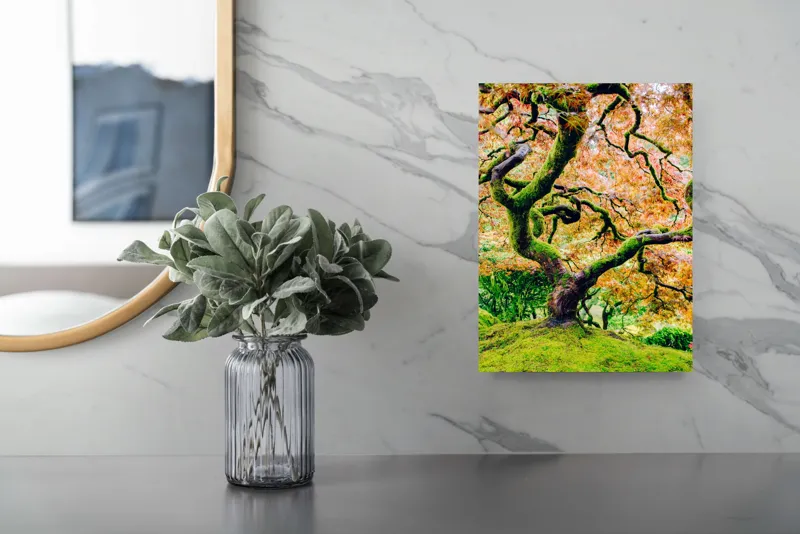 Tablou Canvas, "Cântecul toamnei în ramuri verzi", Frunziș, Ramuri, Răsucire, Culori, Verde, Încântător, Natură, Artă, Vibrant, Bogat, Textură, Trunchi, Japonia, Peisaj, Organic, 26 x 39 cm – poza 4