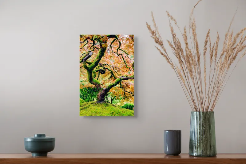 Tablou Canvas, "Cântecul toamnei în ramuri verzi", Frunziș, Ramuri, Răsucire, Culori, Verde, Încântător, Natură, Artă, Vibrant, Bogat, Textură, Trunchi, Japonia, Peisaj, Organic, 26 x 39 cm – poza 5