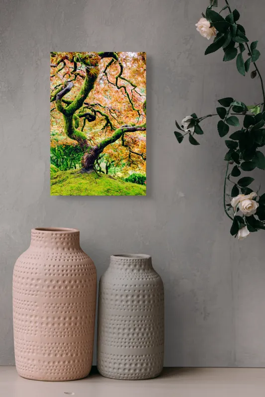 Tablou Canvas, "Cântecul toamnei în ramuri verzi", Frunziș, Ramuri, Răsucire, Culori, Verde, Încântător, Natură, Artă, Vibrant, Bogat, Textură, Trunchi, Japonia, Peisaj, Organic, 26 x 39 cm – poza 6