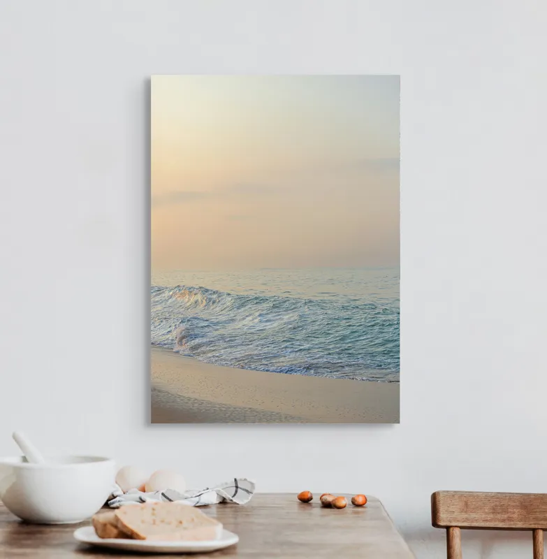 Tablou Canvas, "Valurile dimineții la țărm linistit", Apus, Valuri, Liniște, Nisip, Orizont, Cer, Mare, Calm, 50 x 70 cm – poza 3
