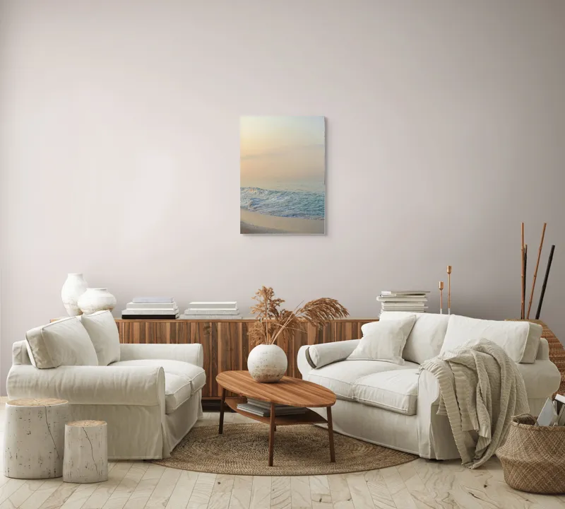 Tablou Canvas, "Valurile dimineții la țărm linistit", Apus, Valuri, Liniște, Nisip, Orizont, Cer, Mare, Calm, 50 x 70 cm – poza 4