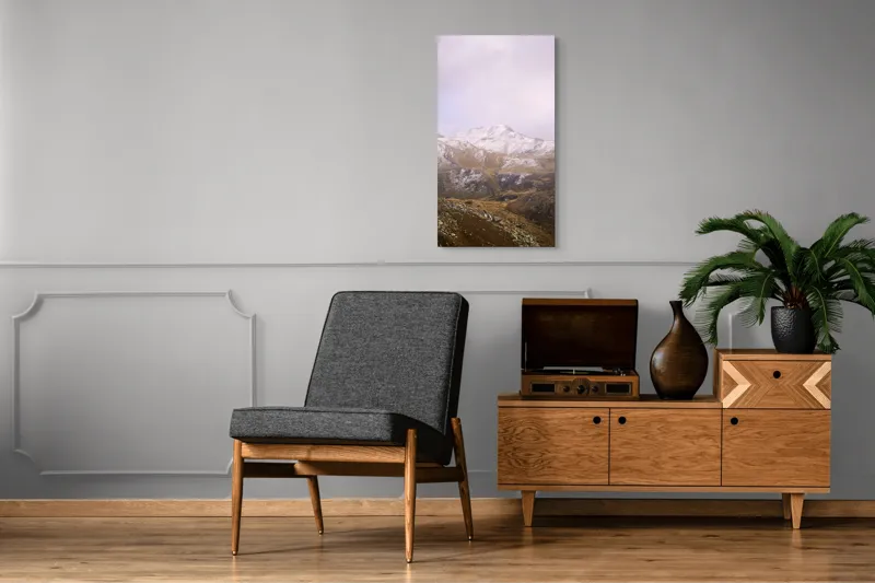 Tablou Canvas, "Muntele păzit de zăpezile toamnei", Munți, Zăpadă, Nori, Vârfuri, Iarnă, Peisaj, Stânci, Ceață, Natură, Tranquilitate, 50 x 90 cm – poza 8