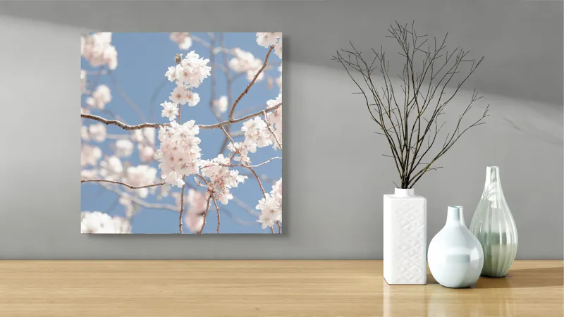 Tablou Canvas, "Florile primăverii sub cer senin", Flori, Cer, Ramuri, Primăvară, Delicatețe, Frumusețe, Pastel, Blândețe, Natură, Armonie, 50 x 50 cm – poza 3