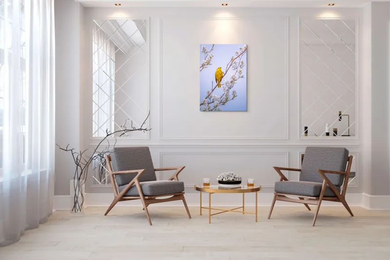 Tablou Canvas, "Pasărea galbenă printre flori albe", Pasăre, Galbenă, Ramură, Flori, Delicatețe, Primăvară, Natură, Seninătate, Armonie, 70 x 100 cm – poza 8