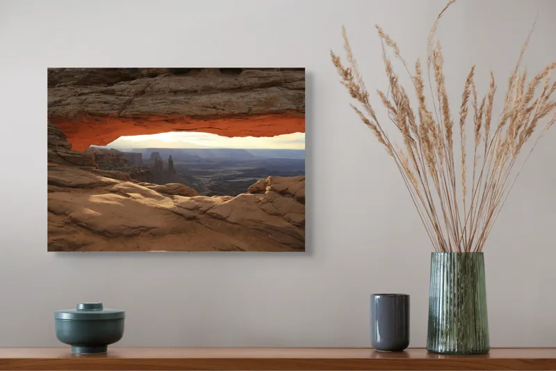 Tablou Canvas, "Fereastra luminii în deșertul stâncos", Stâncă, Arc, Peisaj, Canyons, Apus, Natură, Formățiuni, Cer, Lumină, Umbre, 54 x 39 cm – poza 4