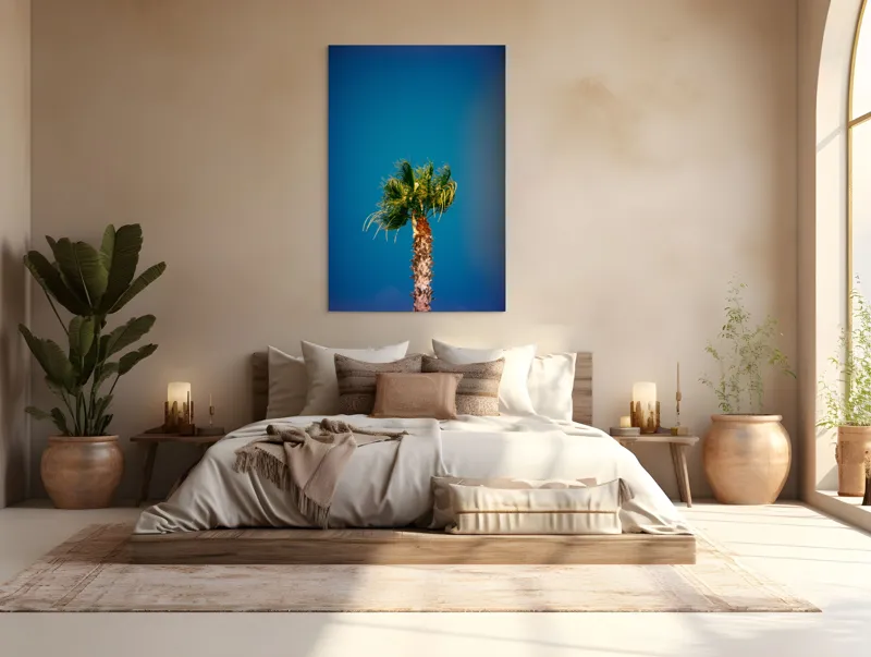 Tablou Canvas, "Palmier sub cerul albastru intens", Palmier, Cer, Albastru, Frunziș, Trunchi, Verde, Natură, Viu, Strălucitor, 100 x 150 cm – poza 3