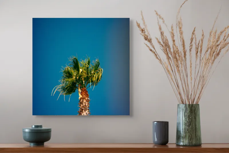 Tablou Canvas, "Palmier sub cerul albastru intens", Palmier, Cer, Albastru, Frunziș, Trunchi, Verde, Natură, Viu, Strălucitor, 50 x 50 cm – poza 4