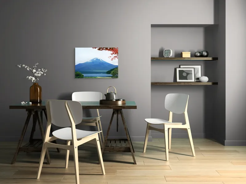 Tablou Canvas, "Măreția muntelui sub cer senin", Munte, Lac, Nor, Peisaj, Frunze, Roșu, Verde, Albastru, Natură, Serenitate, 70 x 50 cm – poza 5