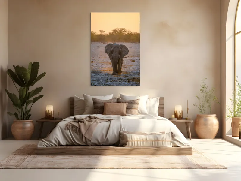 Tablou Canvas, "Elefantul în lumina apusului african", Elefant, Apus, Savana, Tranquilitate, Natură, Eleganță, Solitudine, Serenitate, 100 x 150 cm – poza 3