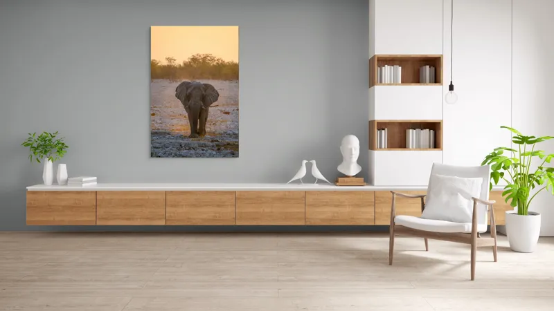 Tablou Canvas, "Elefantul în lumina apusului african", Elefant, Apus, Savana, Tranquilitate, Natură, Eleganță, Solitudine, Serenitate, 100 x 150 cm – poza 8