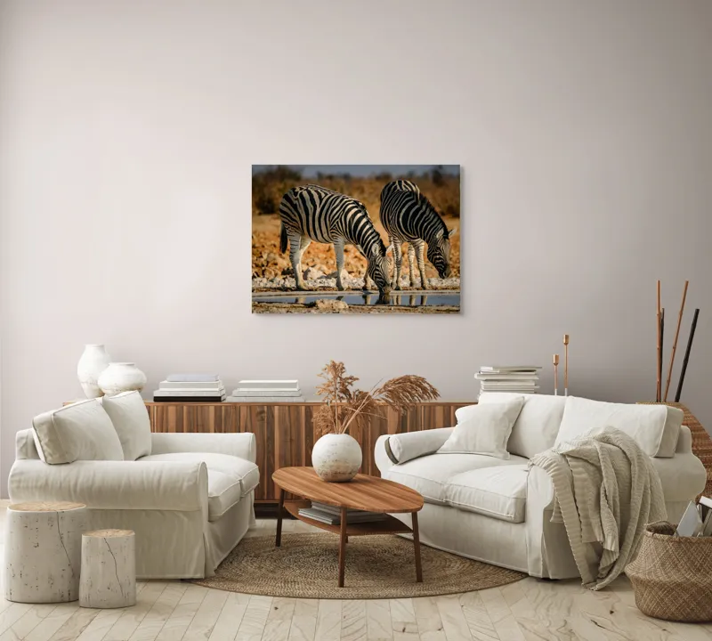 Tablou Canvas, "Zebre la adăpat în savană", Dungi, Zebre, Apă, Oglindire, Serenitate, Natură, Armonie, Safari, Africa, Asfințit, 100 x 70 cm – poza 3