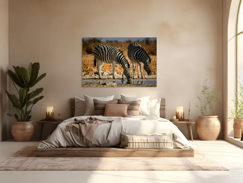 Tablou Canvas, "Zebre la adăpat în savană", Dungi, Zebre, Apă, Oglindire, Serenitate, Natură, Armonie, Safari, Africa, Asfințit, 150 x 100 cm – poza 4