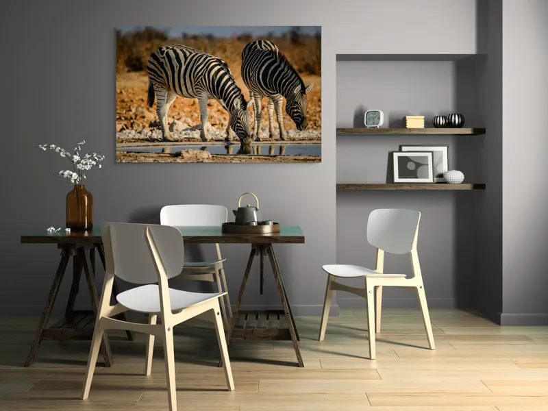 Tablou Canvas, "Zebre la adăpat în savană", Dungi, Zebre, Apă, Oglindire, Serenitate, Natură, Armonie, Safari, Africa, Asfințit, 150 x 100 cm – poza 5