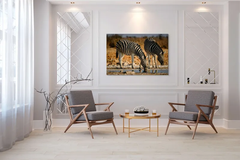 Tablou Canvas, "Zebre la adăpat în savană", Dungi, Zebre, Apă, Oglindire, Serenitate, Natură, Armonie, Safari, Africa, Asfințit, 150 x 100 cm – poza 7