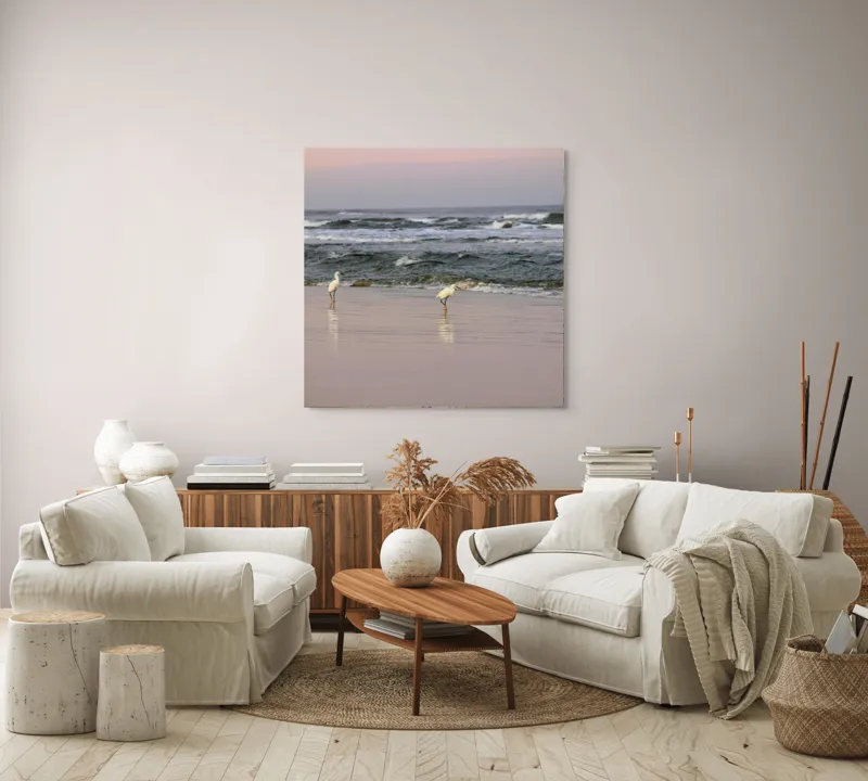 Tablou Canvas, "Pescărușii la țărmul înserării", Păsări, Plajă, Valuri, Ocean, Nisip, Apus, Liniște, Natură, Frumusețe, Reflecții, 100 x 100 cm – poza 3