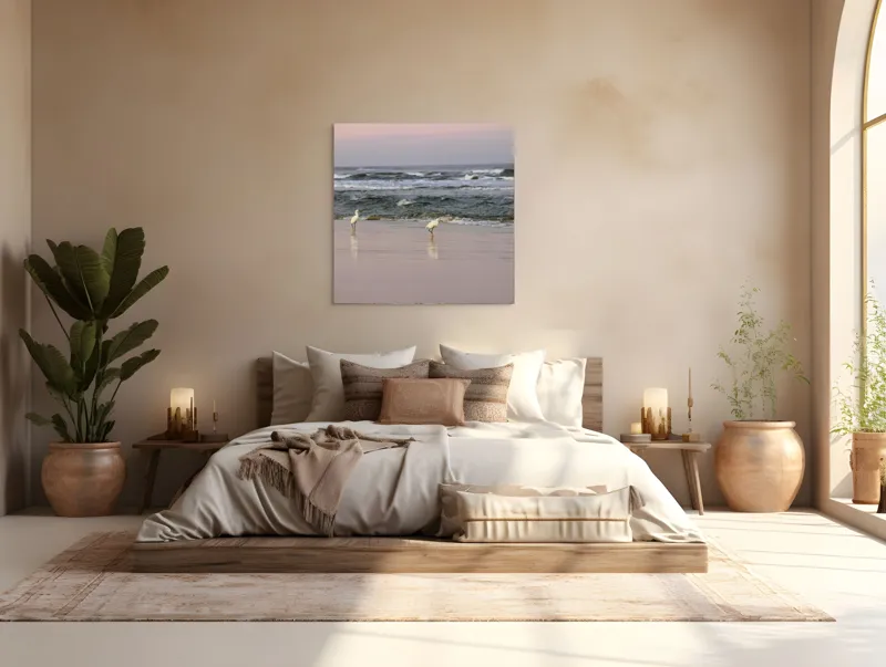 Tablou Canvas, "Pescărușii la țărmul înserării", Păsări, Plajă, Valuri, Ocean, Nisip, Apus, Liniște, Natură, Frumusețe, Reflecții, 100 x 100 cm – poza 4
