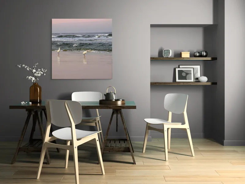Tablou Canvas, "Pescărușii la țărmul înserării", Păsări, Plajă, Valuri, Ocean, Nisip, Apus, Liniște, Natură, Frumusețe, Reflecții, 100 x 100 cm – poza 6