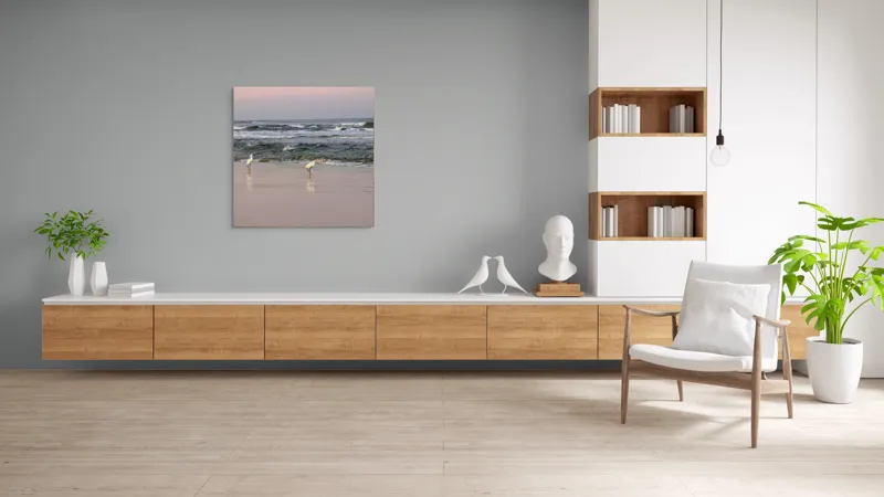Tablou Canvas, "Pescărușii la țărmul înserării", Păsări, Plajă, Valuri, Ocean, Nisip, Apus, Liniște, Natură, Frumusețe, Reflecții, 100 x 100 cm – poza 8