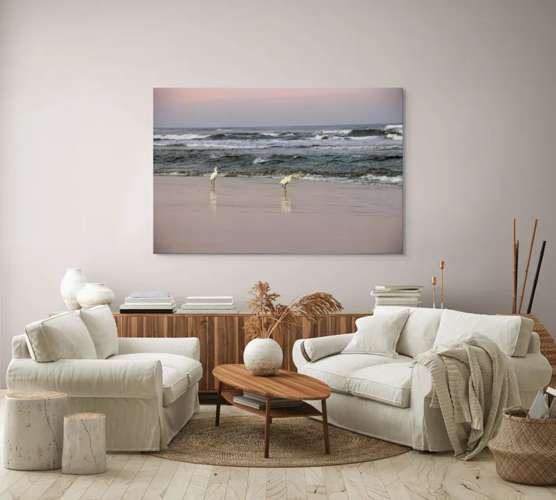 Tablou Canvas, "Pescărușii la țărmul înserării", Păsări, Plajă, Valuri, Ocean, Nisip, Apus, Liniște, Natură, Frumusețe, Reflecții, 150 x 100 cm – poza 3