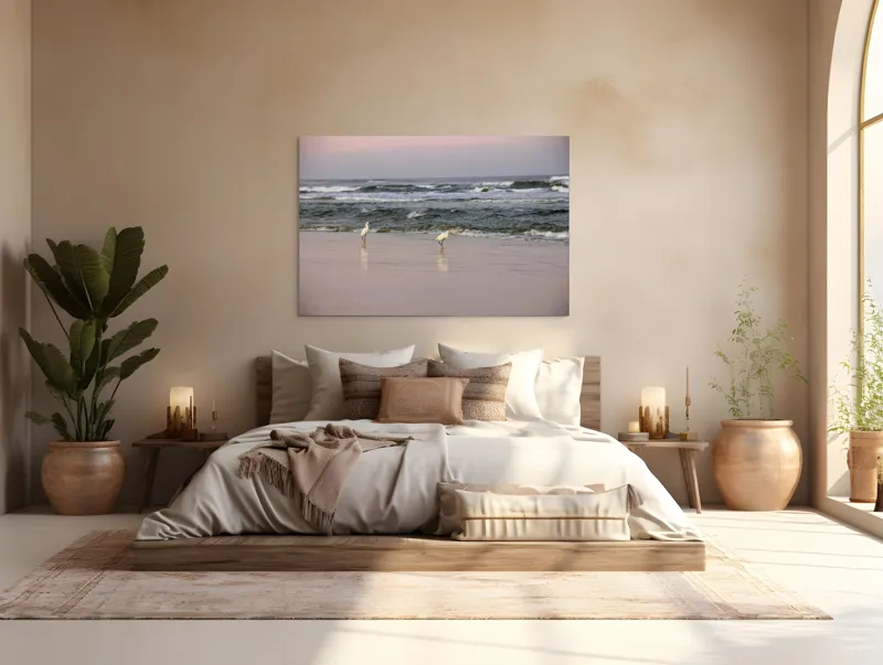 Tablou Canvas, "Pescărușii la țărmul înserării", Păsări, Plajă, Valuri, Ocean, Nisip, Apus, Liniște, Natură, Frumusețe, Reflecții, 150 x 100 cm – poza 4