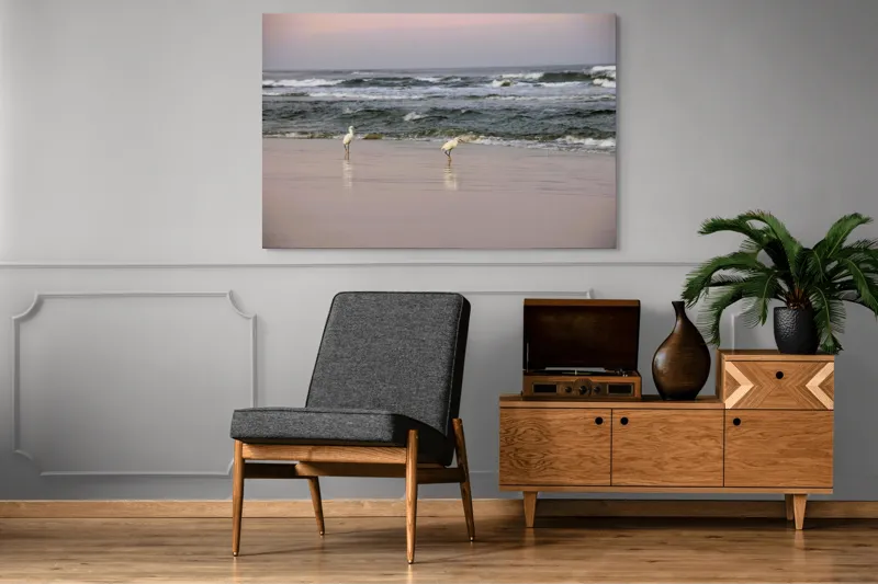 Tablou Canvas, "Pescărușii la țărmul înserării", Păsări, Plajă, Valuri, Ocean, Nisip, Apus, Liniște, Natură, Frumusețe, Reflecții, 150 x 100 cm – poza 8