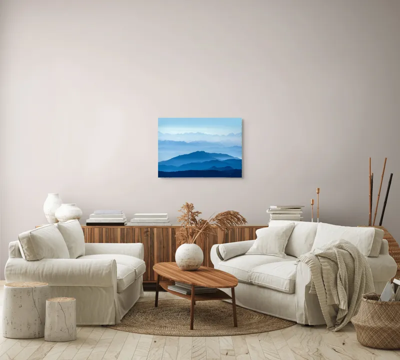 Tablou Canvas, "Peisaj de munți albastru intens", Albastru, Munte, Ceață, Liniște, Priveliște, Orizont, Lumină, Coline, 70 x 50 cm – poza 6