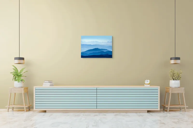 Tablou Canvas, "Peisaj de munți albastru intens", Albastru, Munte, Ceață, Liniște, Priveliște, Orizont, Lumină, Coline, 70 x 50 cm – poza 7