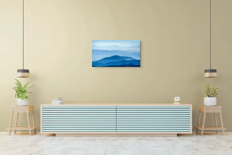 Tablou Canvas, "Peisaj de munți albastru intens", Albastru, Munte, Ceață, Liniște, Priveliște, Orizont, Lumină, Coline, 90 x 50 cm – poza 5