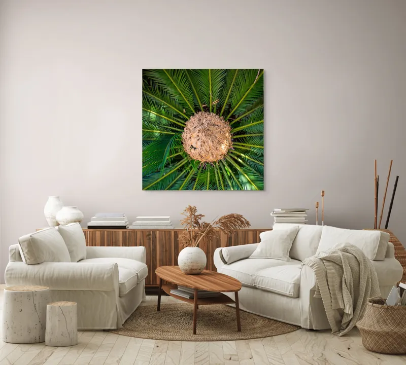 Tablou Canvas, "Planta exotică în raze verzi", Frunze, Simetrie, Verde, Central, Textură, Natură, Lumină, Exotică, 100 x 100 cm – poza 3