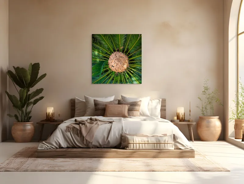Tablou Canvas, "Planta exotică în raze verzi", Frunze, Simetrie, Verde, Central, Textură, Natură, Lumină, Exotică, 100 x 100 cm – poza 4